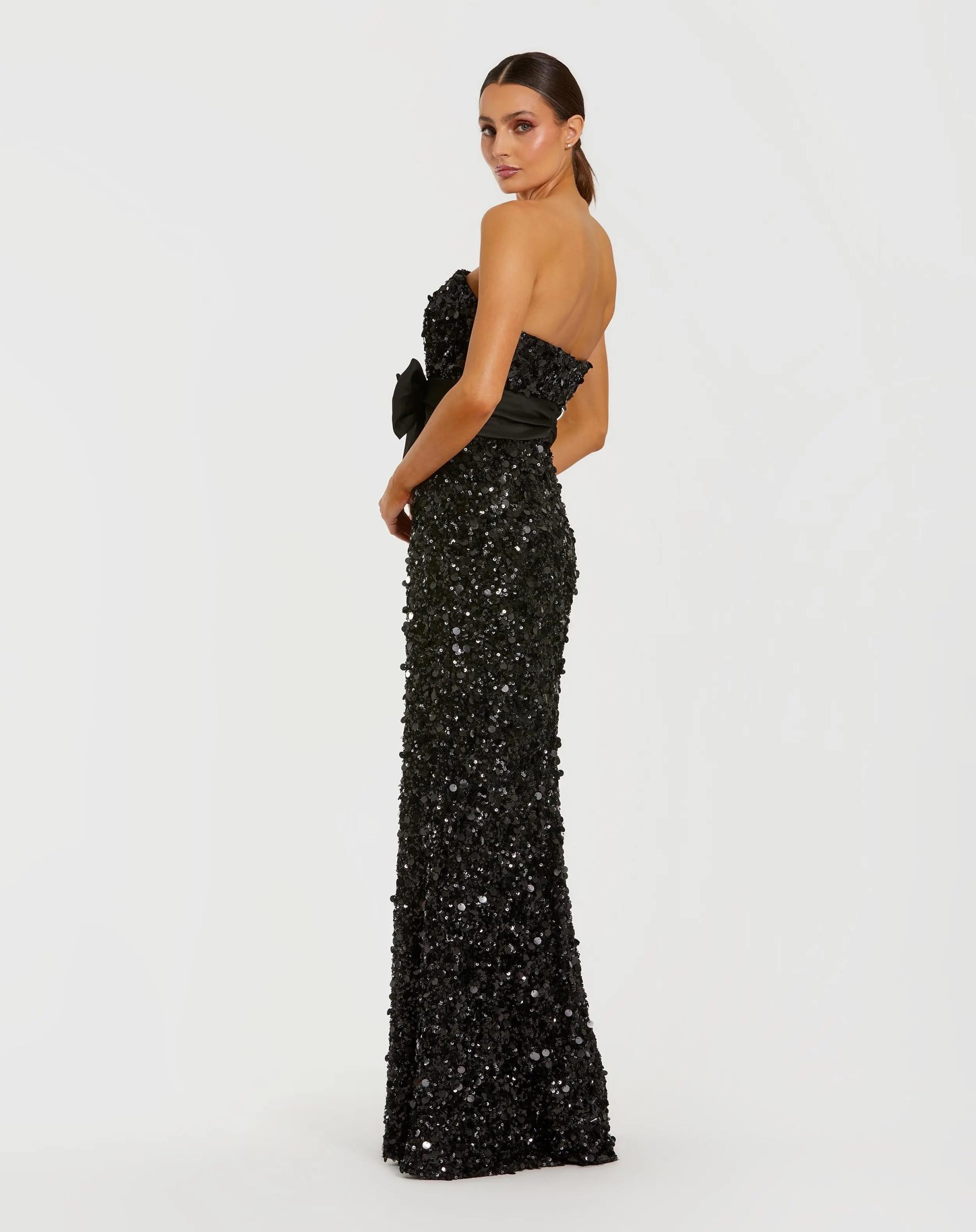 Black Strapless Sequin Evening Gown With Bow - Image 3
