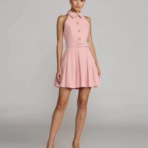 Pink Pleated A Line Mini Dress with Pearl Button Detail