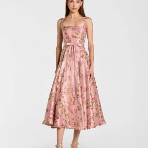 Pink Sleeveless Brocade A Line Midi Dress