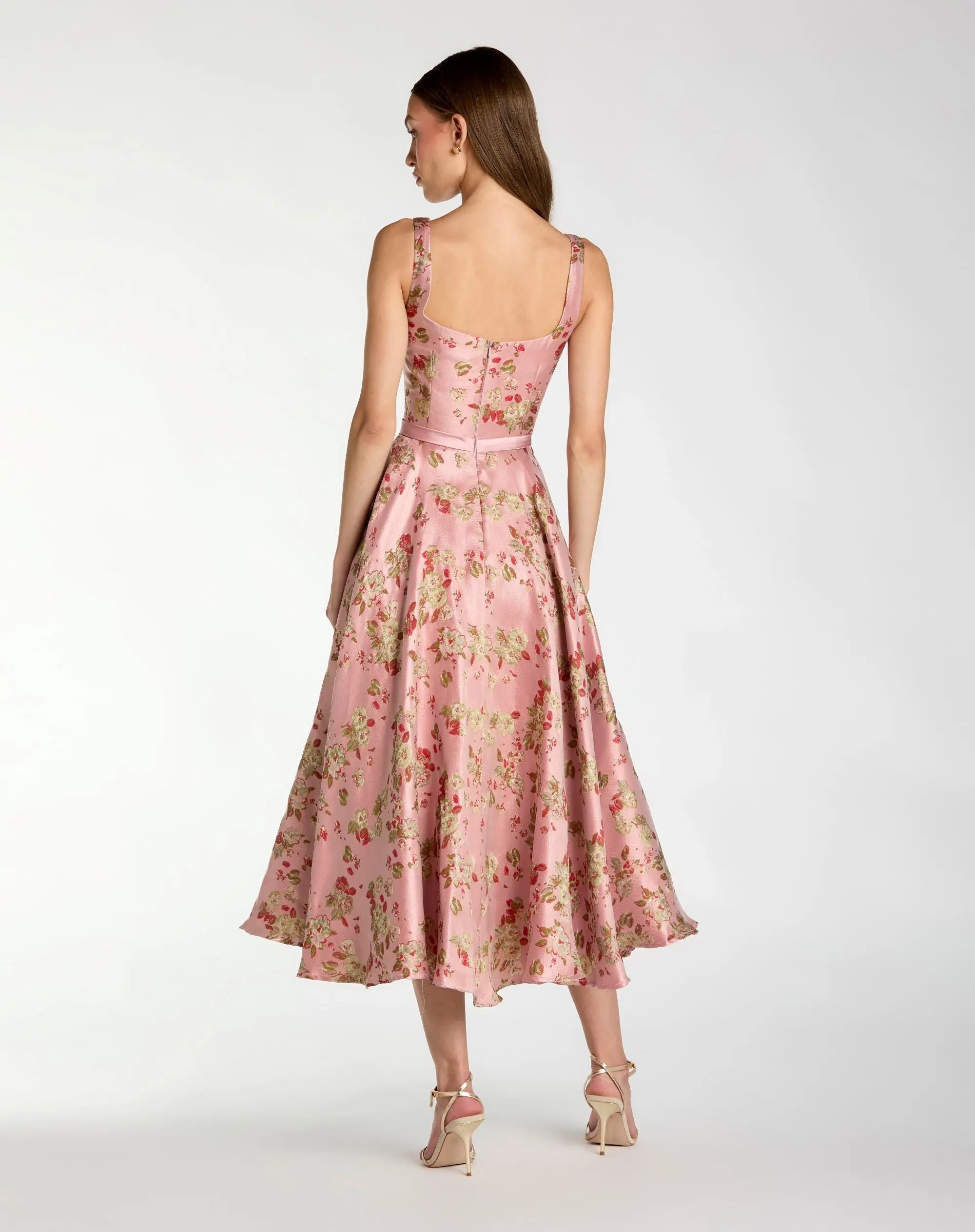 Pink Sleeveless Brocade A Line Midi Dress - Image 3
