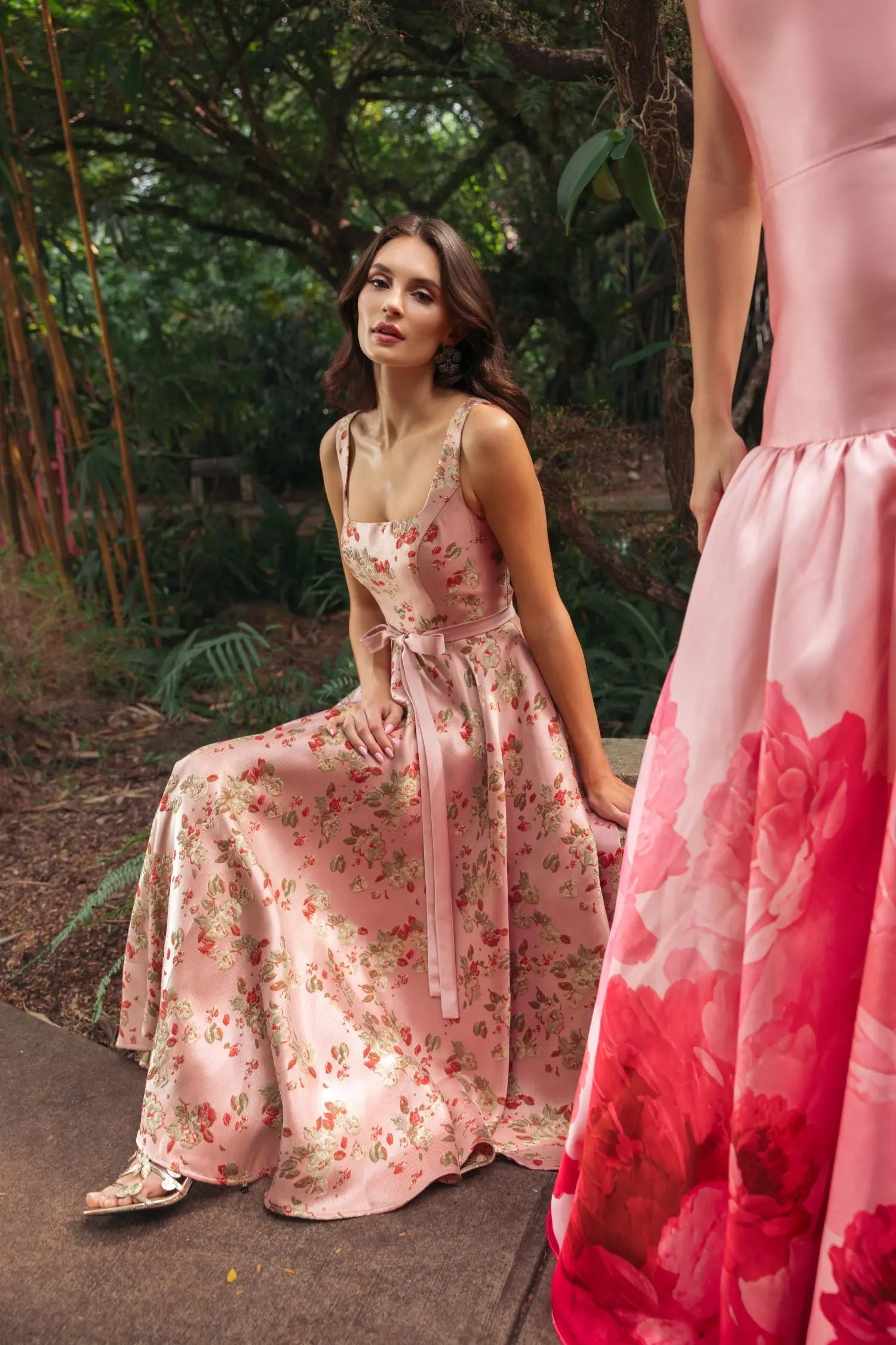 Pink Sleeveless Brocade A Line Midi Dress - Image 6