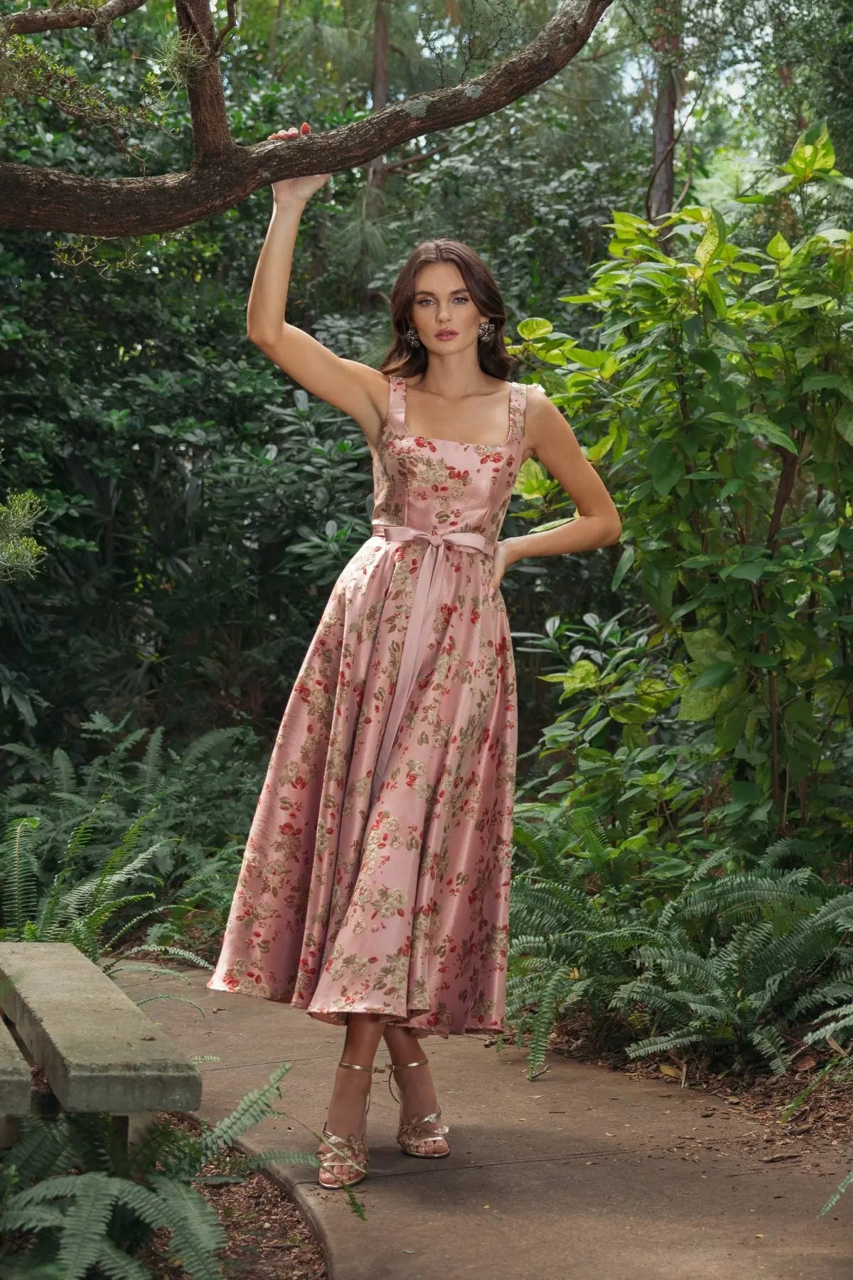 Pink Sleeveless Brocade A Line Midi Dress - Image 4