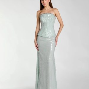 Blue Strapless Sequin Peplum Gown With Rhinestone Trim