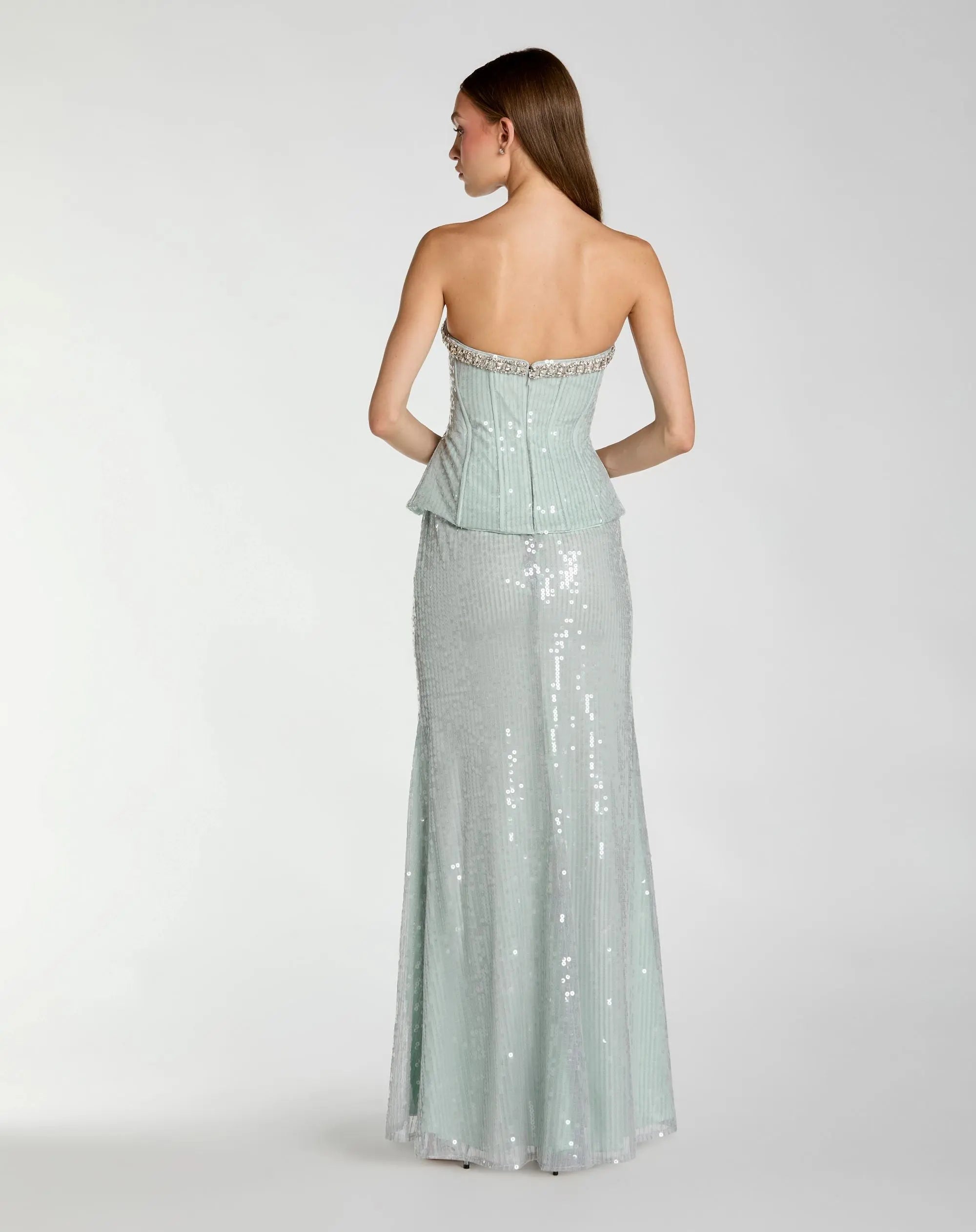Blue Strapless Sequin Peplum Gown With Rhinestone Trim - Image 3