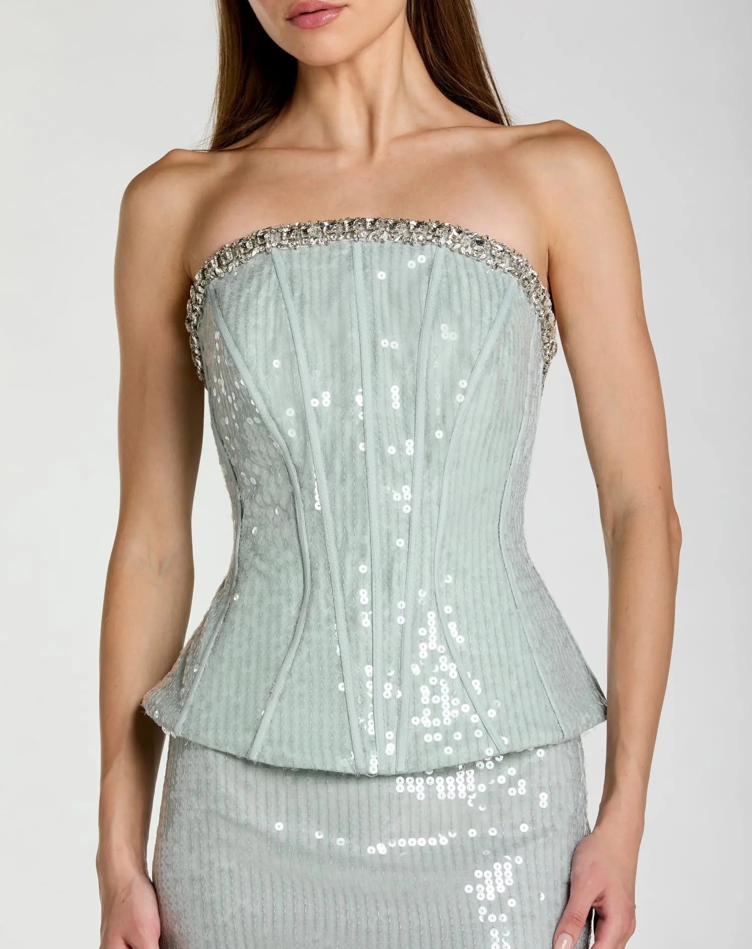 Blue Strapless Sequin Peplum Gown With Rhinestone Trim - Image 2