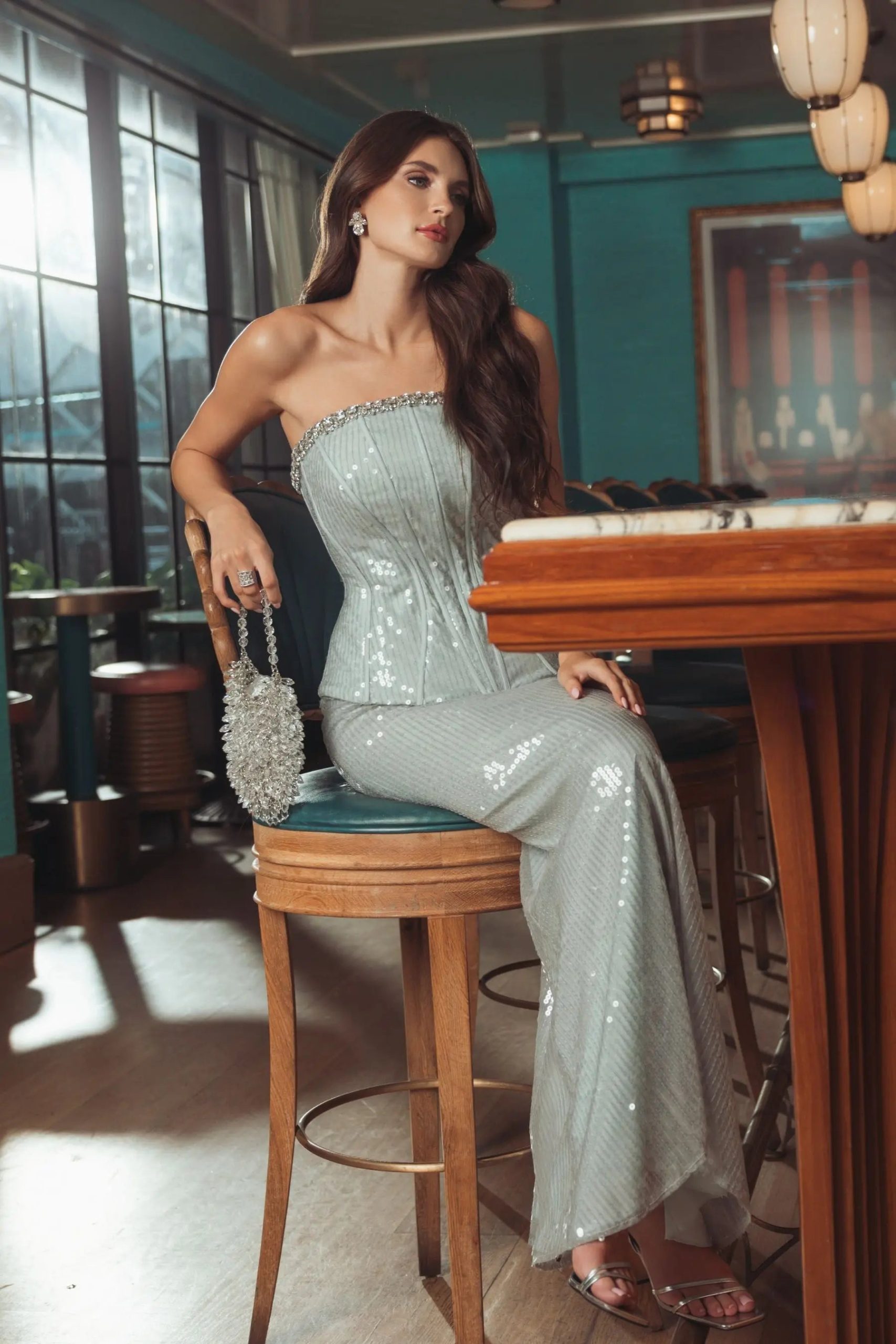Blue Strapless Sequin Peplum Gown With Rhinestone Trim - Image 4