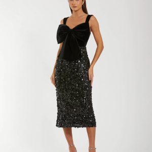 Black Sleeveless Sequin Midi Dress With Velvet Bow
