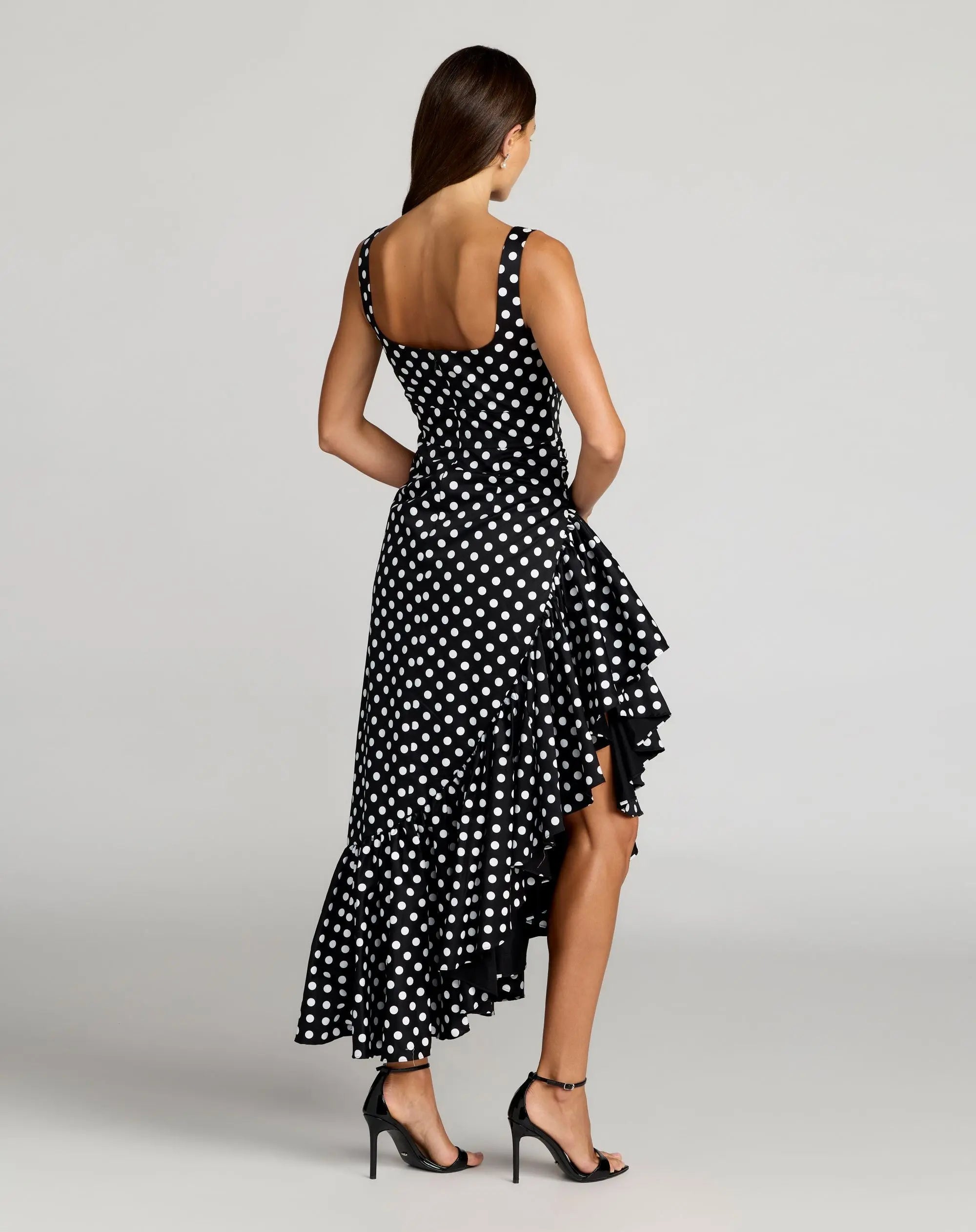 Black Sleeveless Polka Dot Midi Dress With Ruffled Hem - Image 4