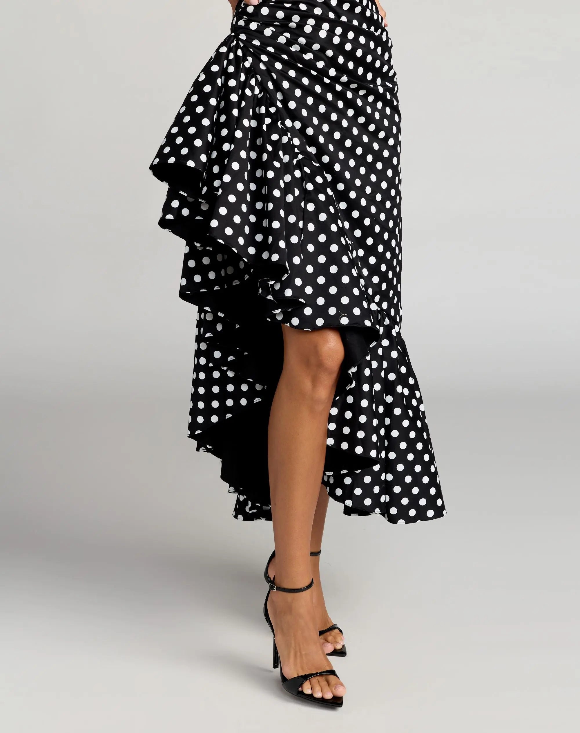 Black Sleeveless Polka Dot Midi Dress With Ruffled Hem - Image 3