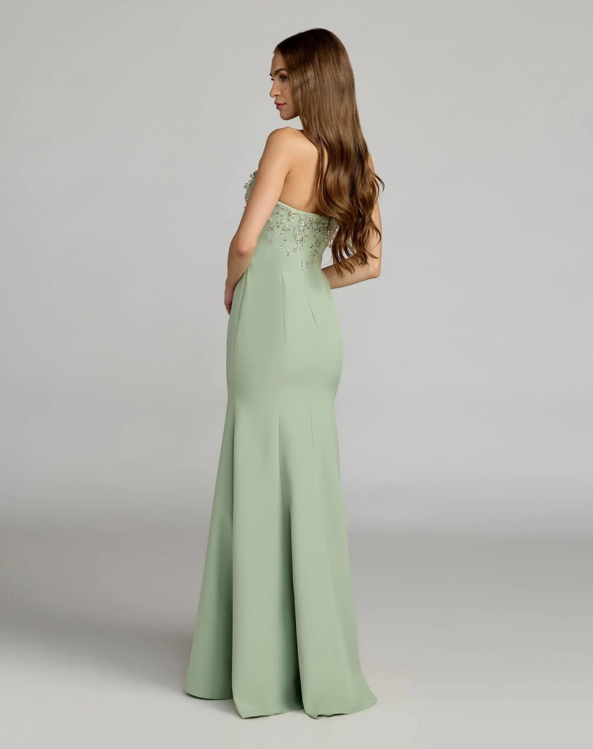 Green Strapless Embellished Crepe Mermaid Gown - Image 3