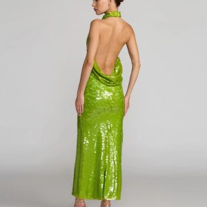 Green Sequin Halter Neck Open Back Dress