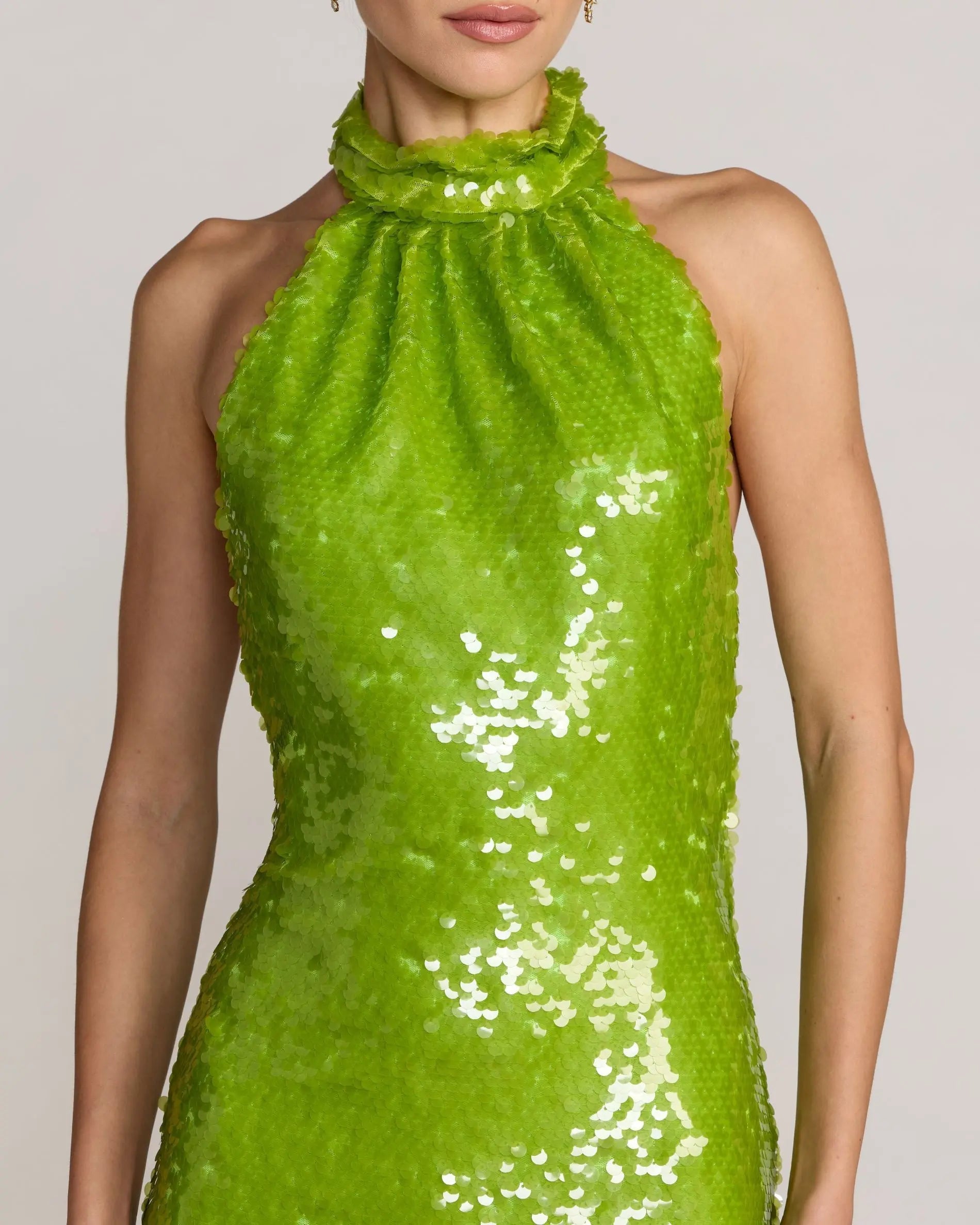 Green Sequin Halter Neck Open Back Dress - Image 3