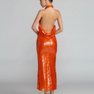 Orange Sequin Halter Neck Open Back Dress