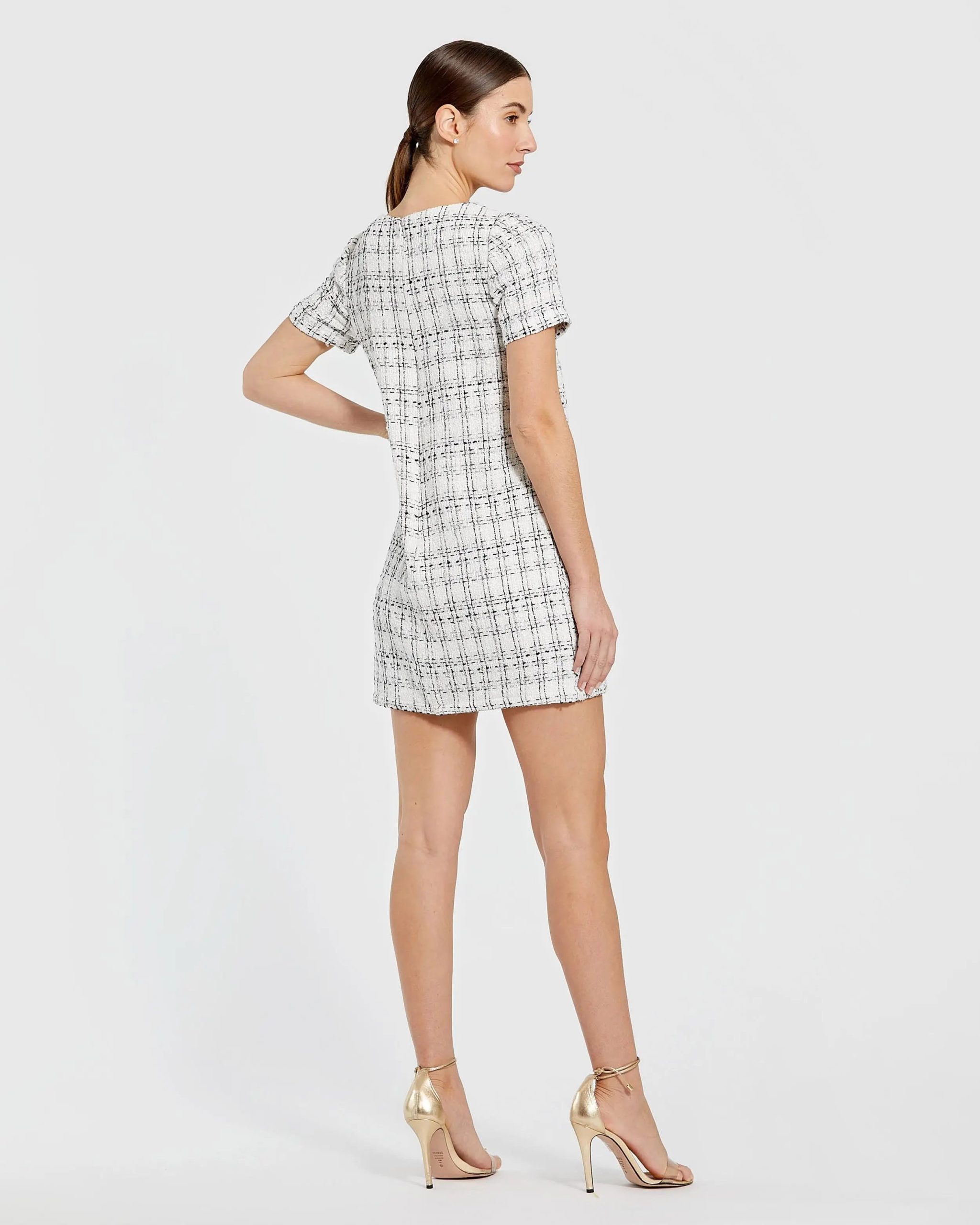 White Short Sleeve Boucle Mini Dress with Bow - Image 3