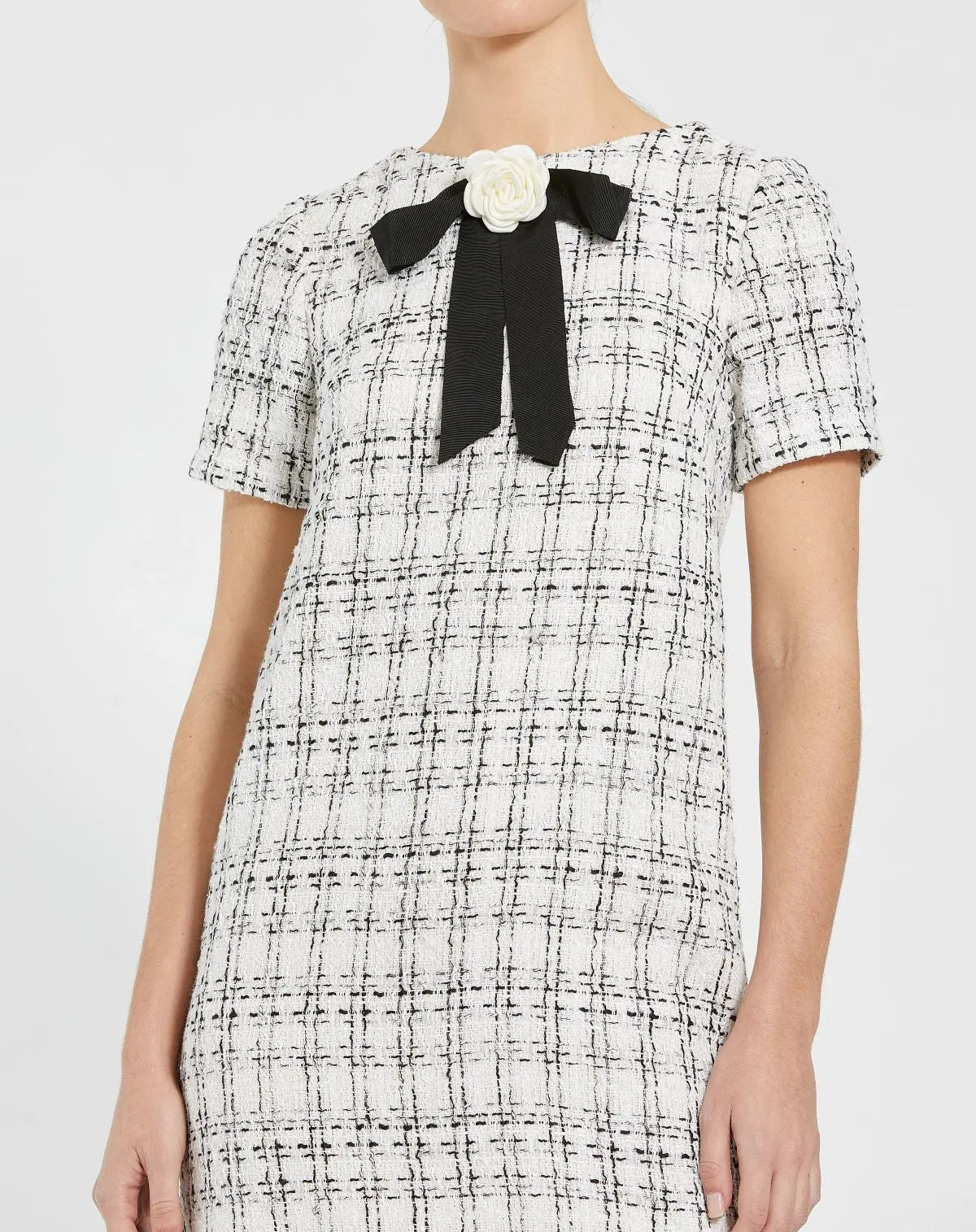 White Short Sleeve Boucle Mini Dress with Bow - Image 2