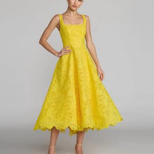 Yellow Lace Square Neck A-Line Midi Dress