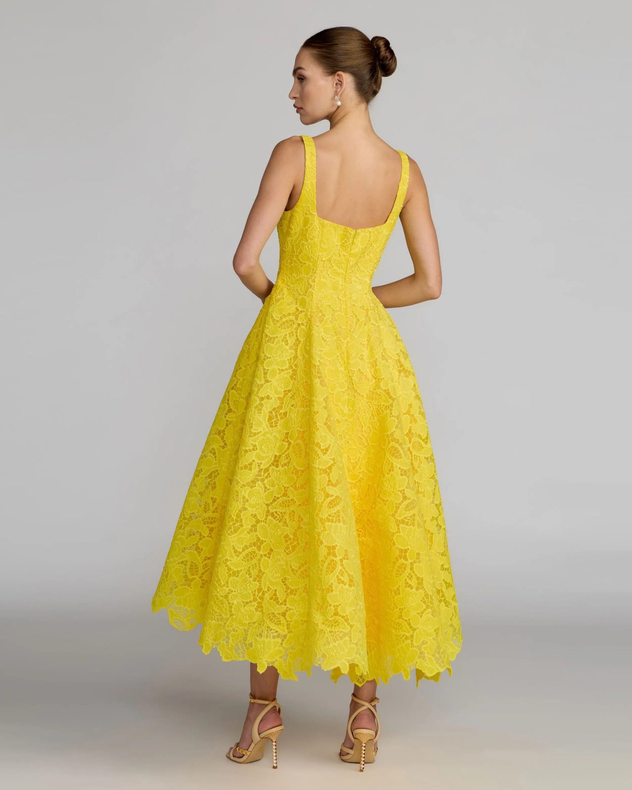 Yellow Lace Square Neck A-Line Midi Dress - Image 4