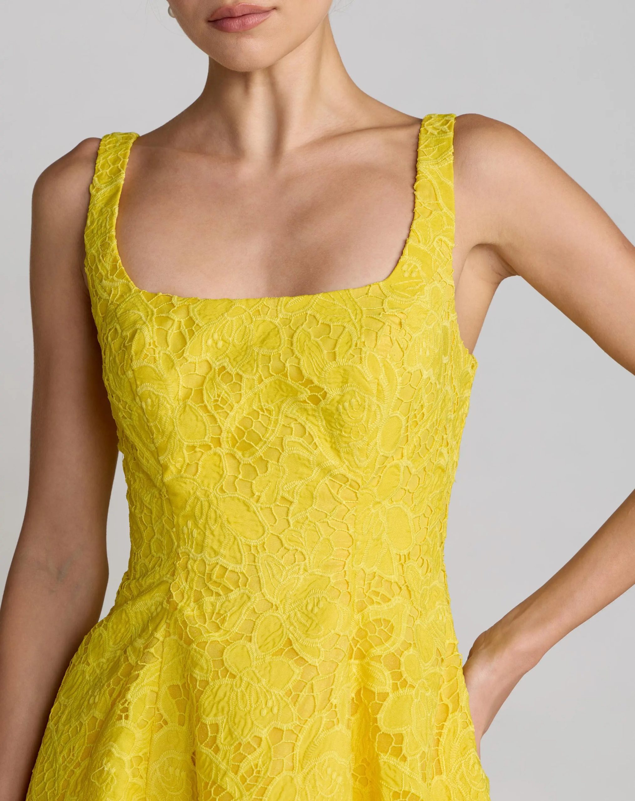 Yellow Lace Square Neck A-Line Midi Dress - Image 2