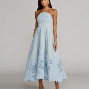 Blue Strapless Floral Appliqué Midi Dress