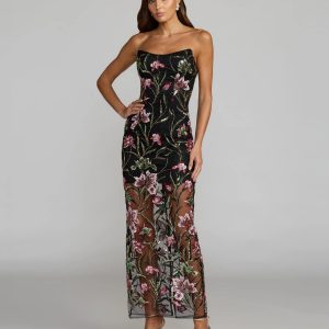 Black Strapless Floral Embroidered Column Dress