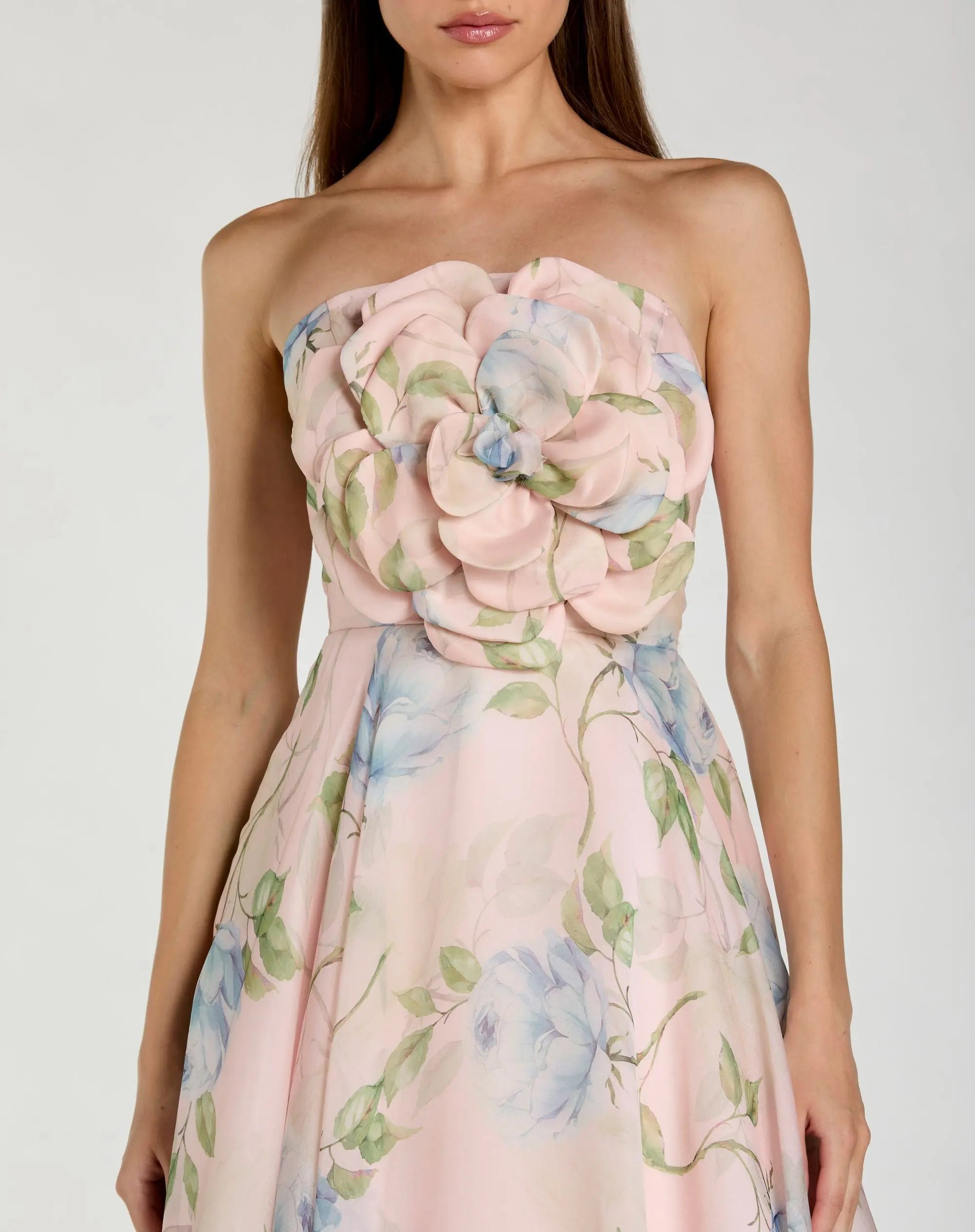 Pink Strapless Floral Organza Midi Dress With Flower - Image 2