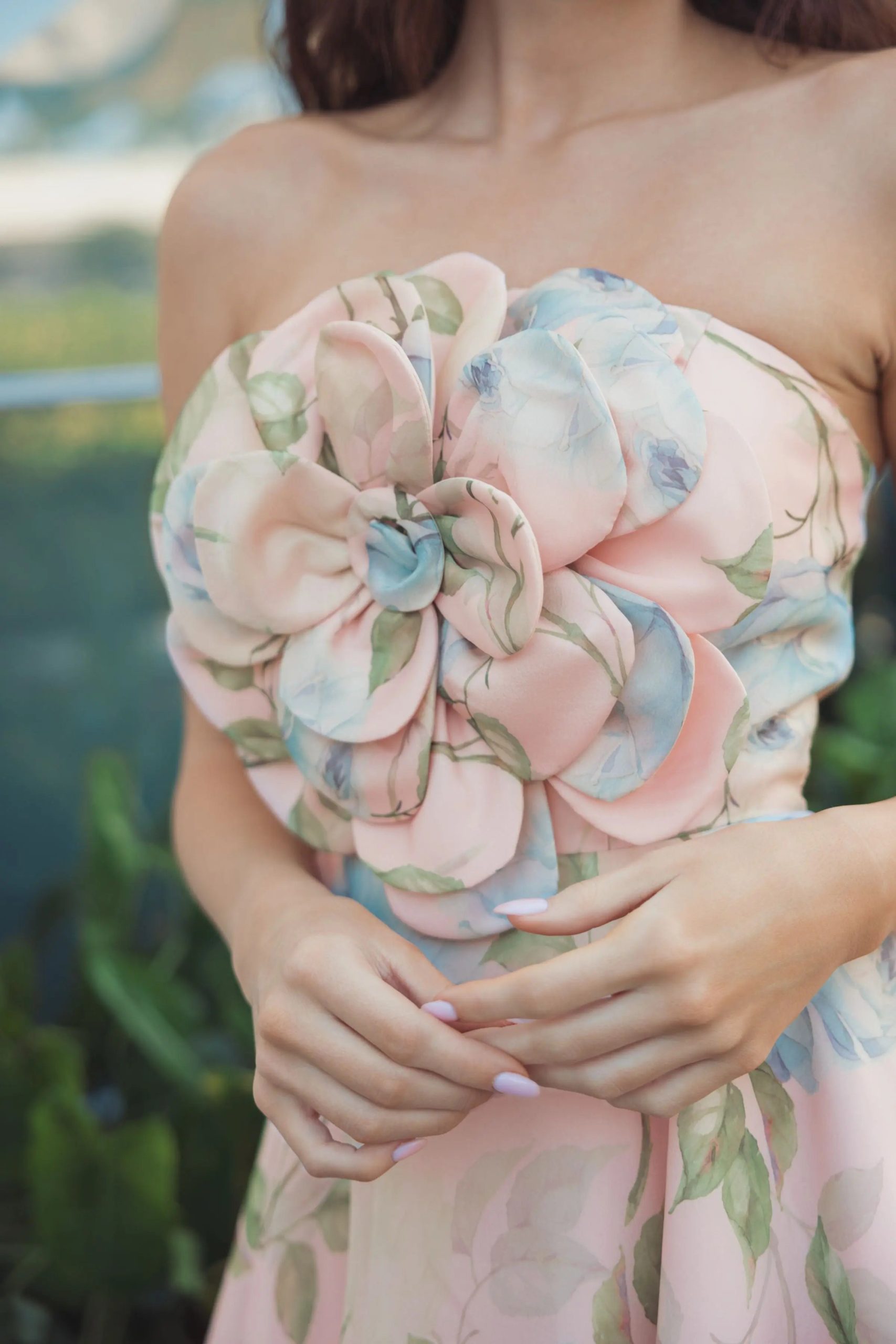 Pink Strapless Floral Organza Midi Dress With Flower - Image 5