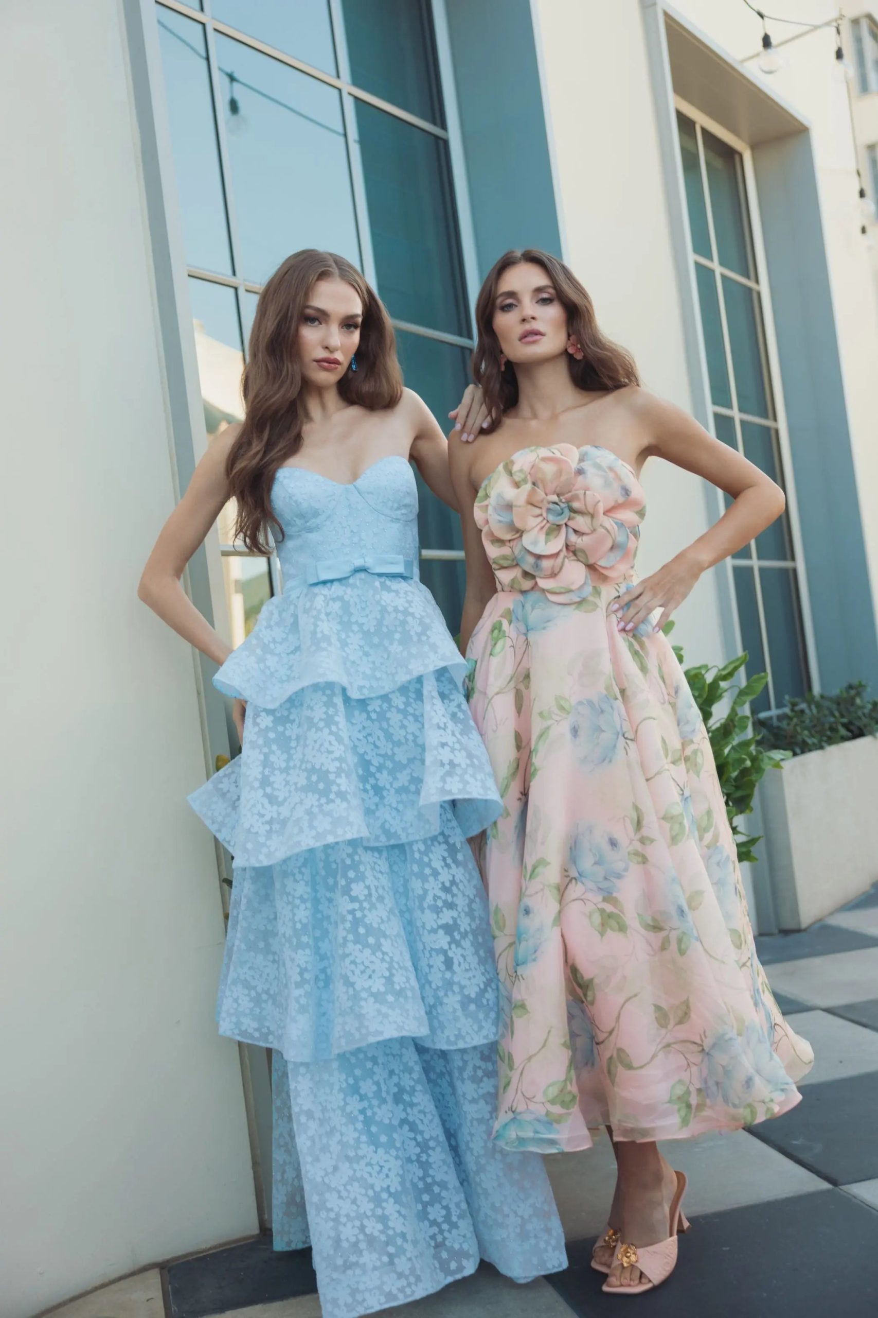 Pink Strapless Floral Organza Midi Dress With Flower - Image 6