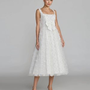 White Embellished Tulle Midi Dress with Satin Bow