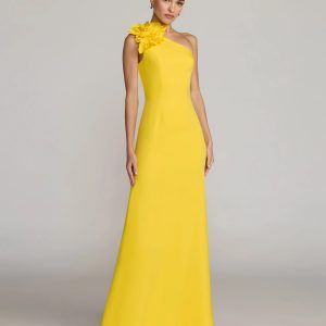 Yellow One Shoulder Crepe Gown with 3D Flower
