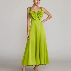 Green Sleeveless Satin Midi Dress With Bow Detail