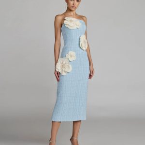 Blue Boucle Strapless 3D Floral Midi Dress