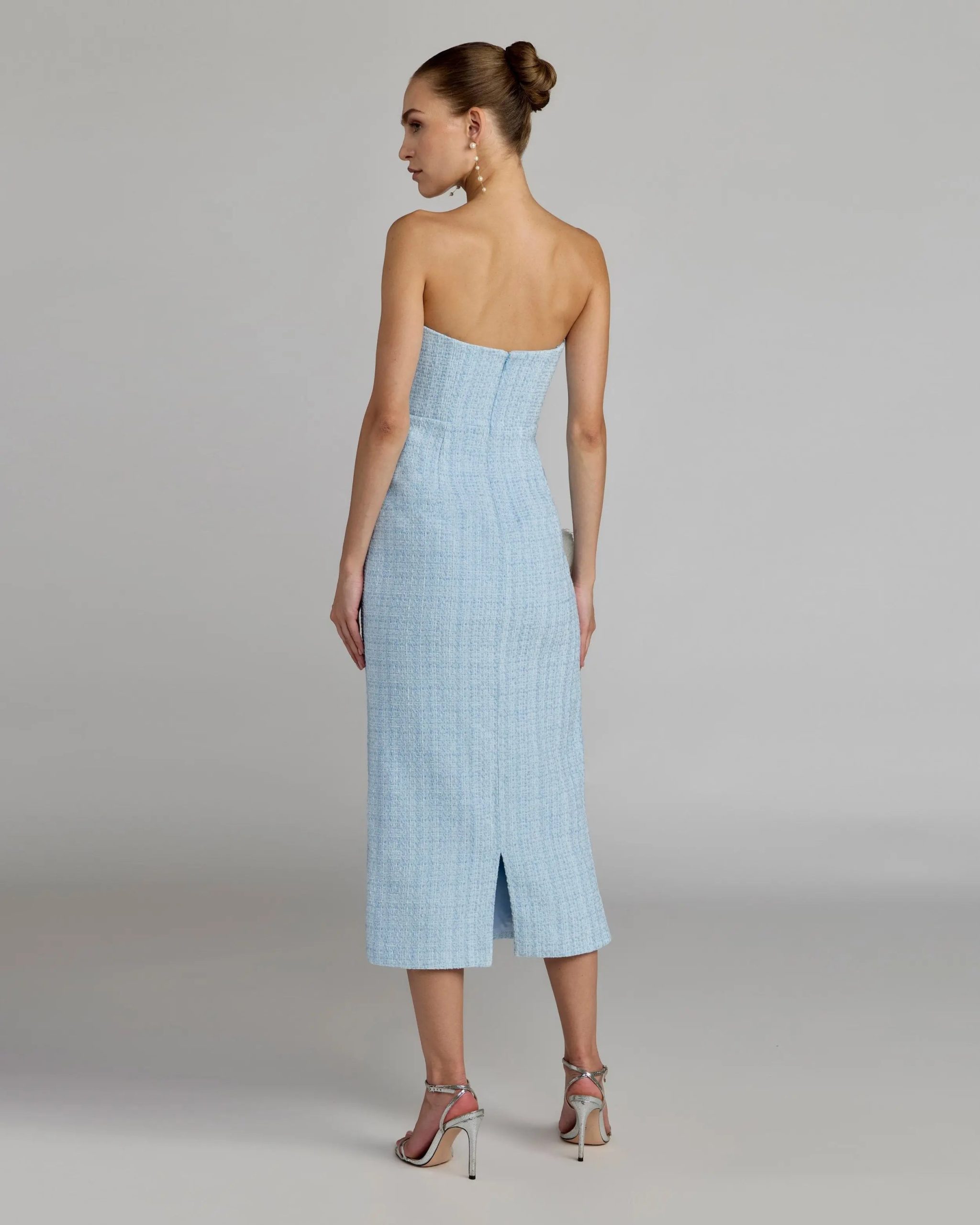 Blue Boucle Strapless 3D Floral Midi Dress - Image 3
