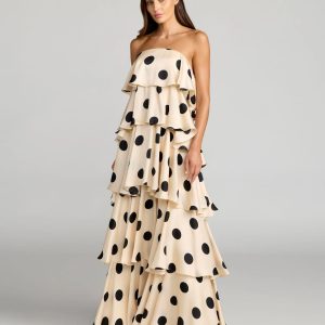 Beige Strapless Polka Dot Charmeuse Ruffle Gown