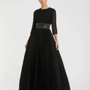 Black Shimmering Pleated 3/4 Sleeve Ball Gown