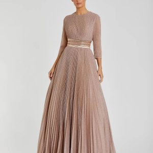 Pink Shimmering Pleated 3/4 Sleeve Ball Gown