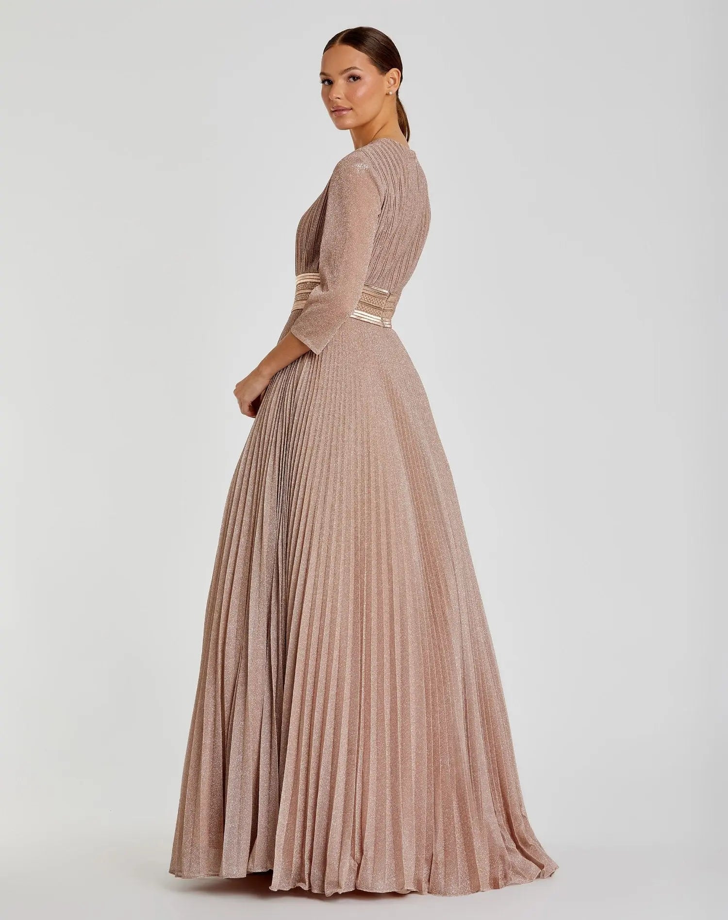 Pink Shimmering Pleated 3/4 Sleeve Ball Gown - Image 3