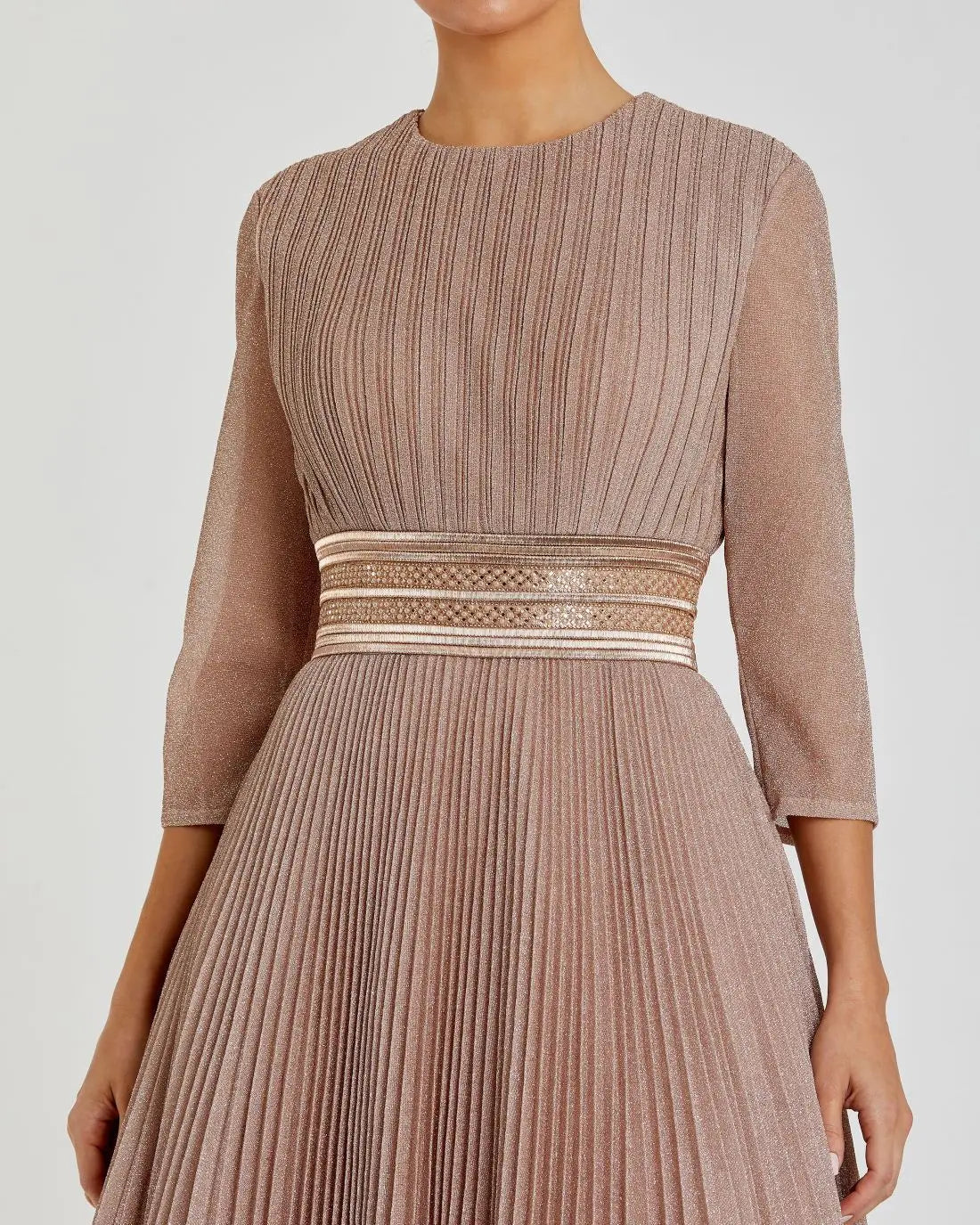 Pink Shimmering Pleated 3/4 Sleeve Ball Gown - Image 2