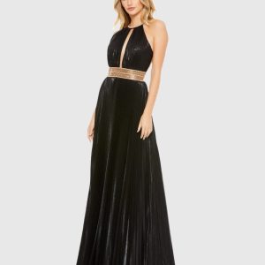 Black Pleated Embellished Halter Open Back Gown