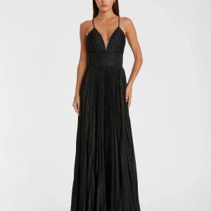 Black Shimmer Pleated V-Neck Gown - FINAL SALE