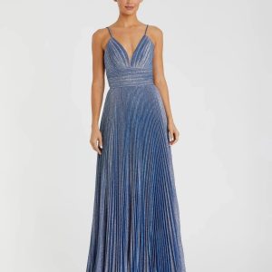 Blue Shimmer Pleated V-Neck Gown - FINAL SALE