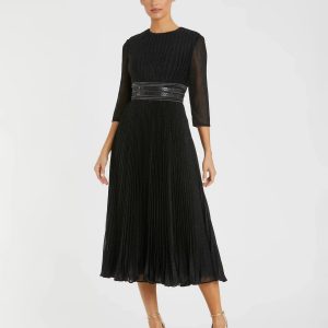 Black Shimmering 3/4 Sleeve A-Line Midi Dress