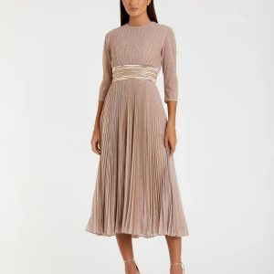 Pink Shimmering 3/4 Sleeve A-Line Midi Dress