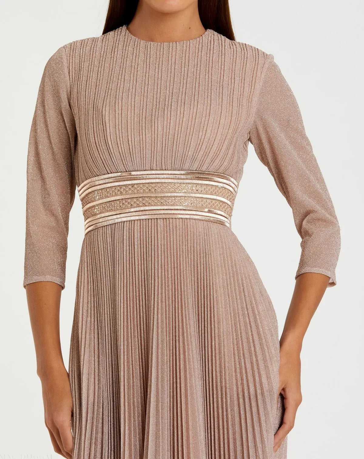 Pink Shimmering 3/4 Sleeve A-Line Midi Dress - Image 2