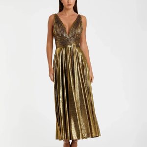 Gold Sleeveless V Neck Pleated Top Metallic Dress