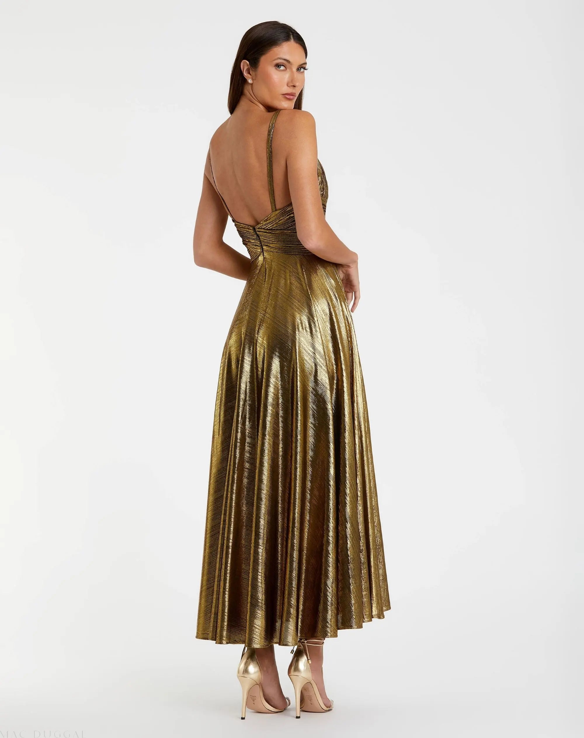 Gold Sleeveless V Neck Pleated Top Metallic Dress - Image 3