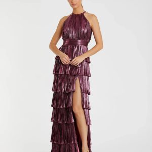 Purple Metallic Halter Neck Tiered Ruffle Gown - FINAL SALE