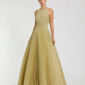 Gold Shimmering Pleated High Neck Ball Gown