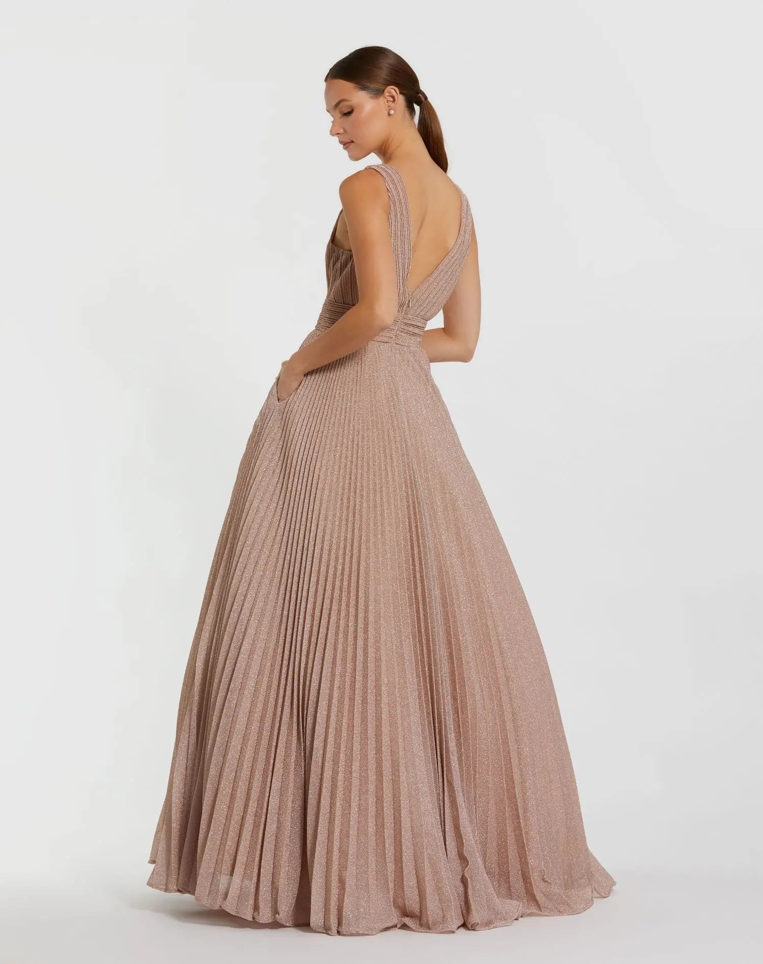 Pink Shimmering Pleated Sleeveless Gown - Image 3