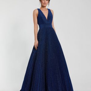 Navy Shimmering Pleated Sleeveless Gown