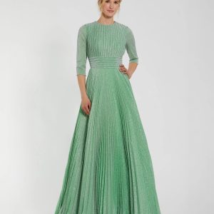 Green Pleated Shimmering 3/4 Sleeve Ball Gown